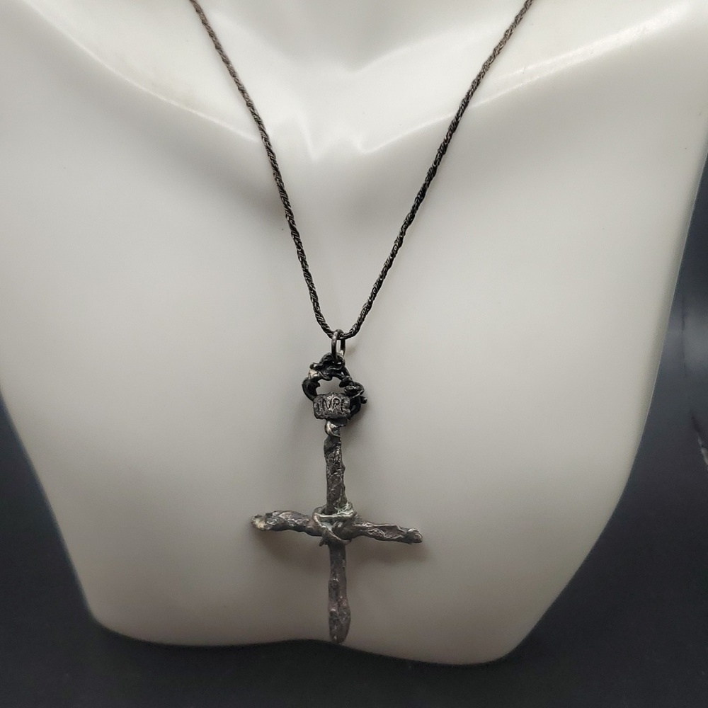 N2837‎ antique sterling silver solid cross necklace w solid silver chain